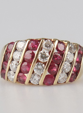 中古95新GAINSBOROUGH群镶红宝石钻石戒指K18黄金51号