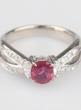 中古95新日本进口商品椭圆形切工红宝石钻石戒指铂金90053号