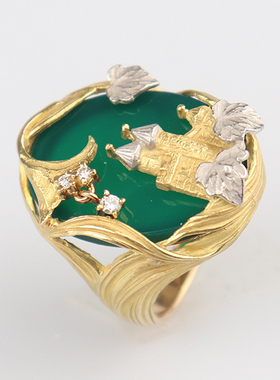 中古95新AsTime石川畅子经典城堡绿玛瑙灵动钻石戒指