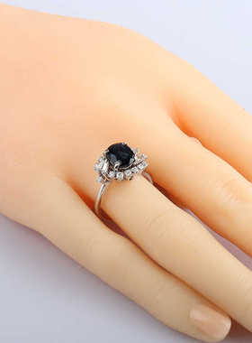 中古95新VINTAGE日本进口椭圆形切工蓝宝石钻石K14白金52号戒指