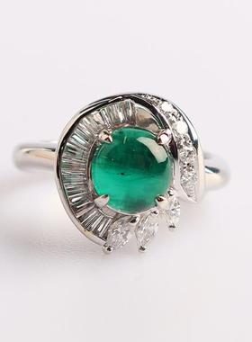 中古95新日本进口商品凸圆形切工祖母绿钻石戒指铂金900戒指50号