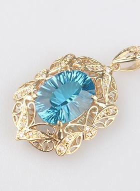 中古95新日本进口商品复古蓝色托帕石钻石吊坠K18黄金