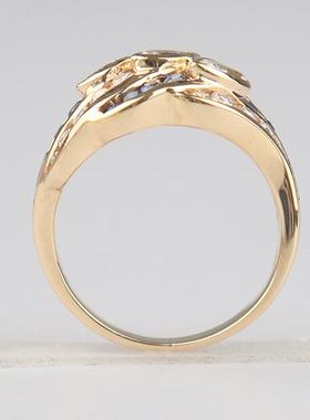 中古95新日本进口商品三颗马眼形切工钻石群镶蓝宝石戒指K18黄金