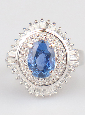 中古95新日本进口商品椭圆型切工蓝宝石群镶钻石铂金90050号戒指