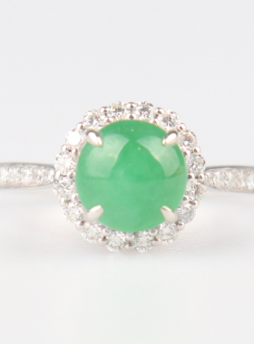 中古95新圆形翡翠钻石戒指750白金53号