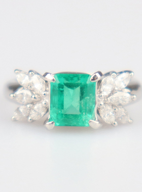 中古95新日本进口商品祖母绿马眼型切工钻石戒指铂金90047号