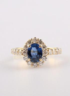 中古95新日本进口商品椭圆形切工蓝宝石钻石K18黄金52号戒指