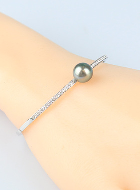 中古95新海水珍珠钻石手镯750白金16号