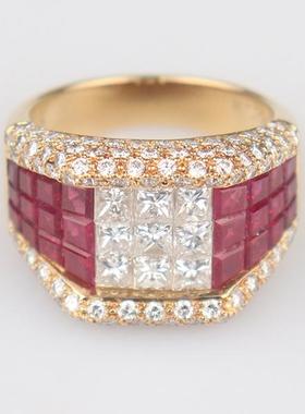 中古95新日本进口商品奢华群镶公主方形钻石红宝石戒指750