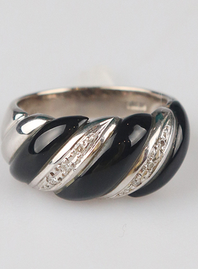 「9.5新」日本进口商品复古黑玛瑙钻石戒指K18白金51号