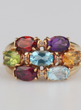 中古95新日本进口商品多彩色彩宝石镶钻石戒指K18黄金55号