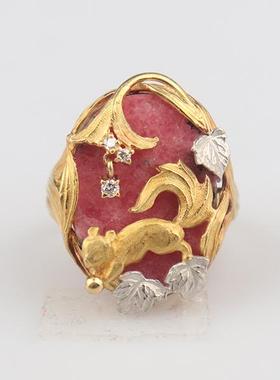 中古95新AsTime 经典松鼠红纹石灵动钻石戒指K18YG/Pt90054号