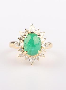 中古95新日本进口商品凸圆形切工祖母绿钻石K18黄金50号戒指