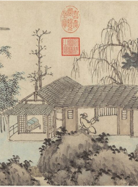 沈周清园图复古宣纸字画横幅真迹