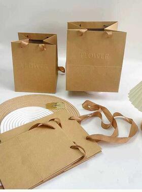 加厚牛皮纸袋鲜花花束袋牛皮手提袋浮雕英文袋子礼品花艺资材纸袋