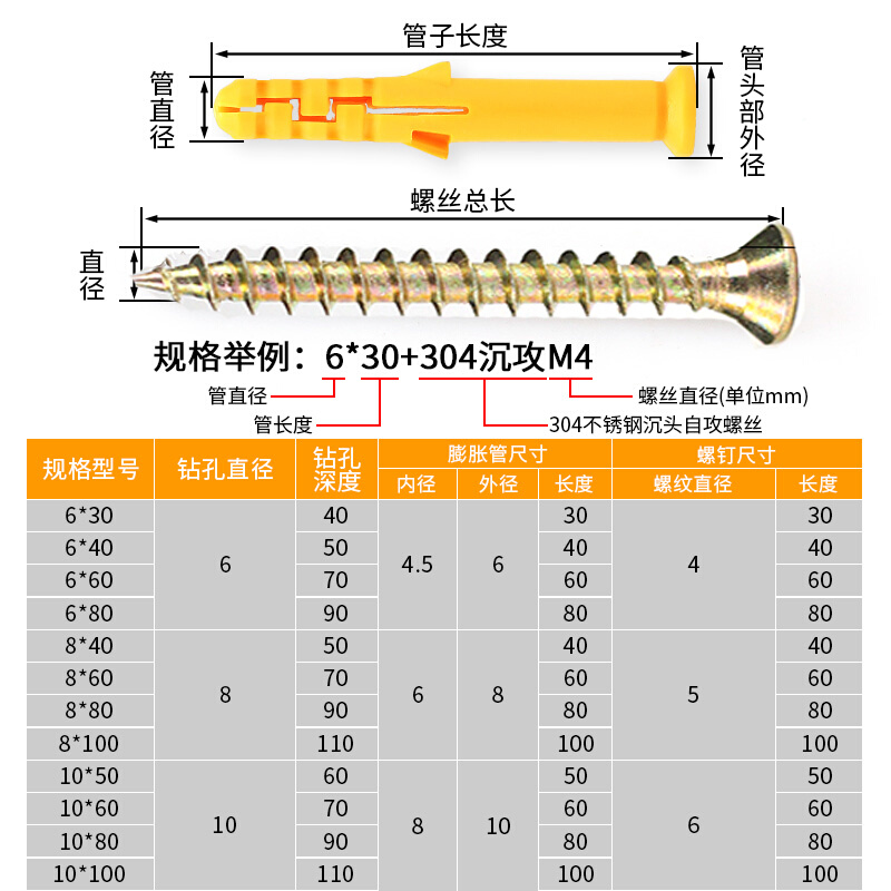 小黄鱼塑料膨胀管膨胀螺丝胶塞自攻螺栓内涨塞6/8/10mm膨胀钉套装