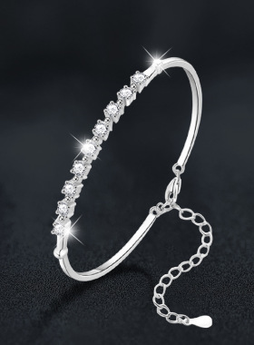 日本品质莫桑钻s925纯银手镯女实心镯子排钻手链可调节时尚珠宝首