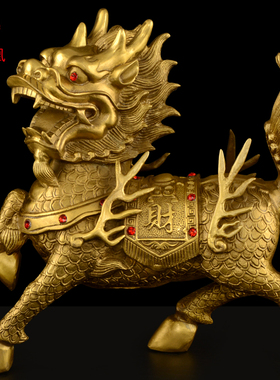 铜麒麟摆件一对纯铜火麒麟客厅办公室家用福禄麒麟大号