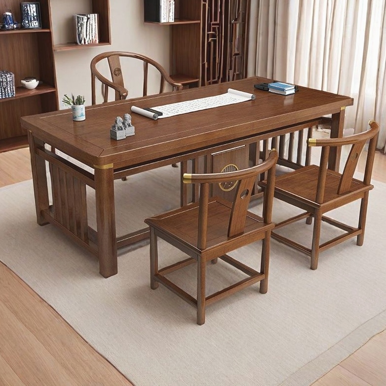新中式实木书桌茶桌两用家用桌胡桃色花梨色写字台 - 图3