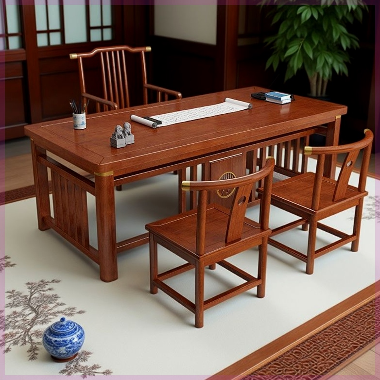 新中式实木书桌茶桌两用家用桌胡桃色花梨色写字台 - 图1