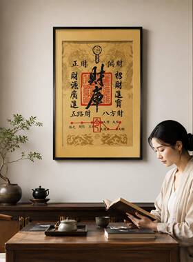 刺绣感财库装饰画新中式财神玄关茶室挂画高端中式风格沙发墙壁画