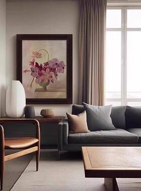 紫色花卉手绘油画感中古风正对门入户画中式客厅沙发背景墙装饰画
