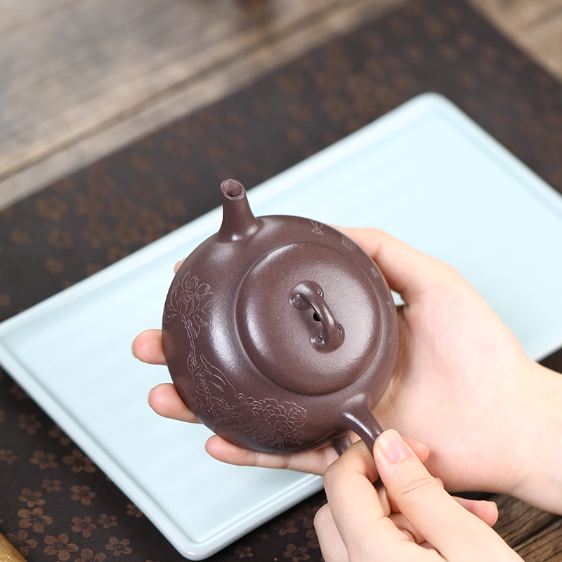 宜兴紫砂壶原矿紫泥特高温蔚风纯手工刻绘中式茶壶国风茶具 140ml