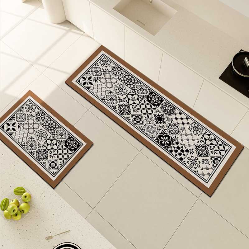Kitchen retro special floor mat waterproof and oil-proof pu leather mat wipe-free non-slip carpet anti-dirty long foot mat