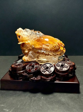 天然黄红兔毛水晶龙龟摆件
