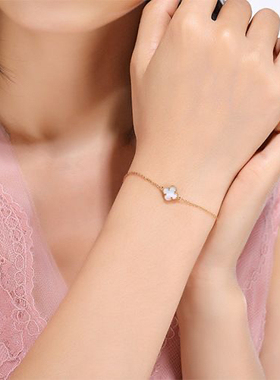 清仓镀镀金四叶草手链女au750玫瑰金彩金送礼物黄金色手镯红绳