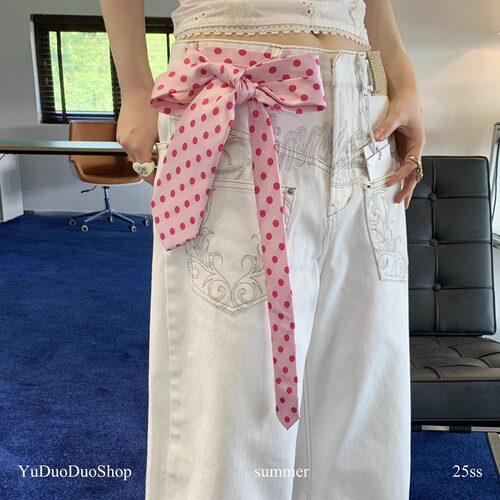 定制款粉色vintage丝巾女高级感复古刺绣领带领巾小众时髦腰带潮 - 图2