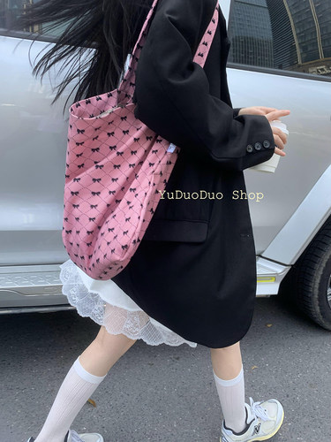 少见色梅子粉帆布包女大容量单肩包韩国夏季百搭手提帆布袋学生潮 - 图1