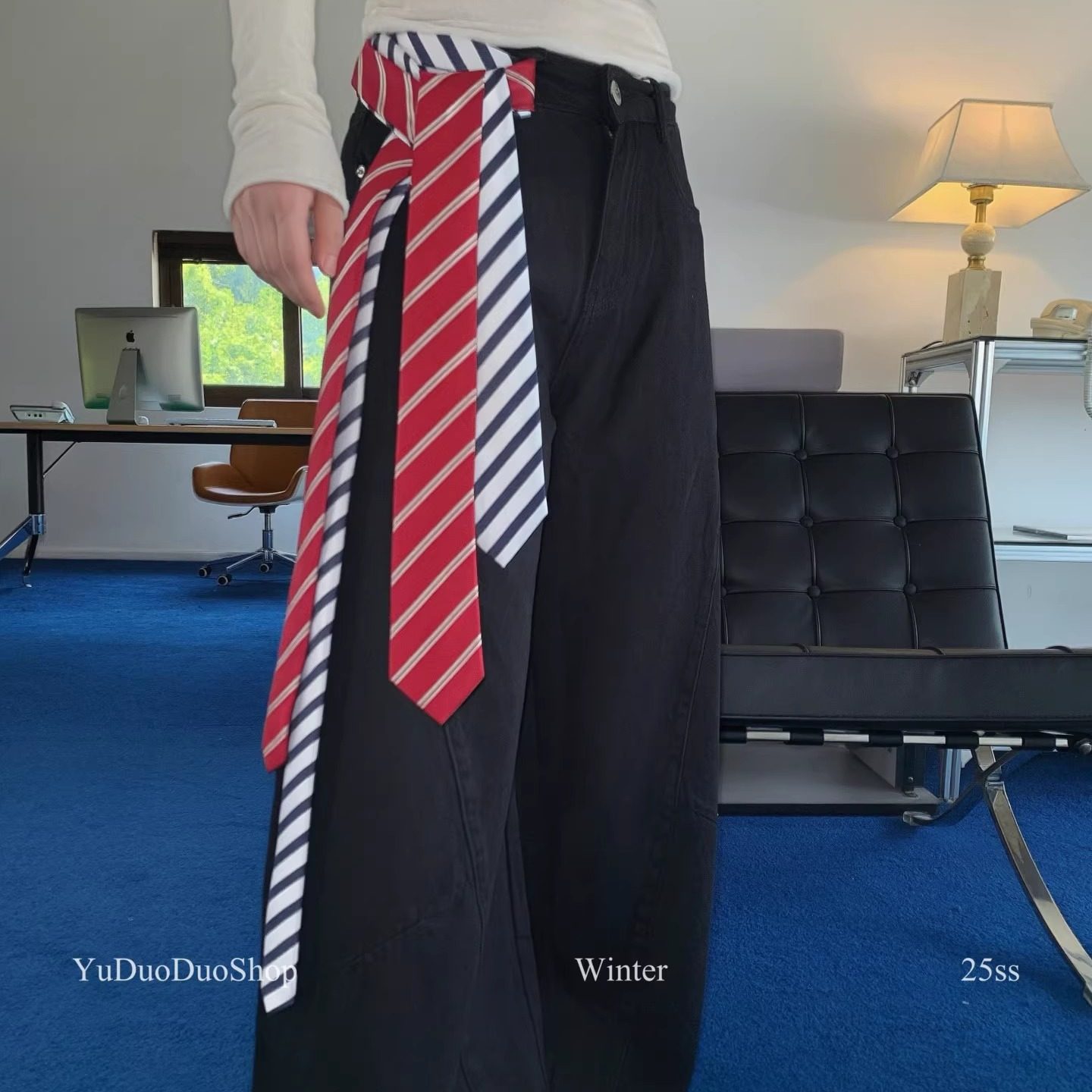 设计师款时髦复古安哥拉红条纹手打领带女美式学院风辣妹腰带配饰,淘宝优惠券,粉丝福利购,淘宝优惠卷