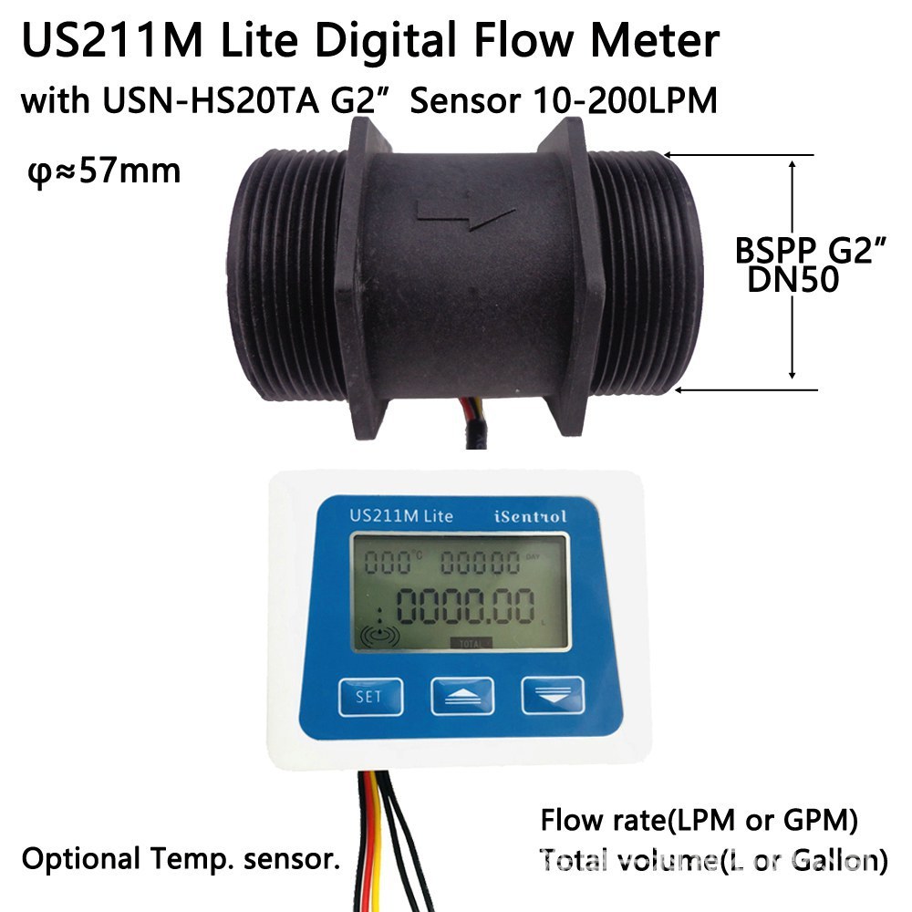 US211M Lite流量积算仪2寸数显流量计DN50塑USN-HS20TA 10-200LPM - 图0