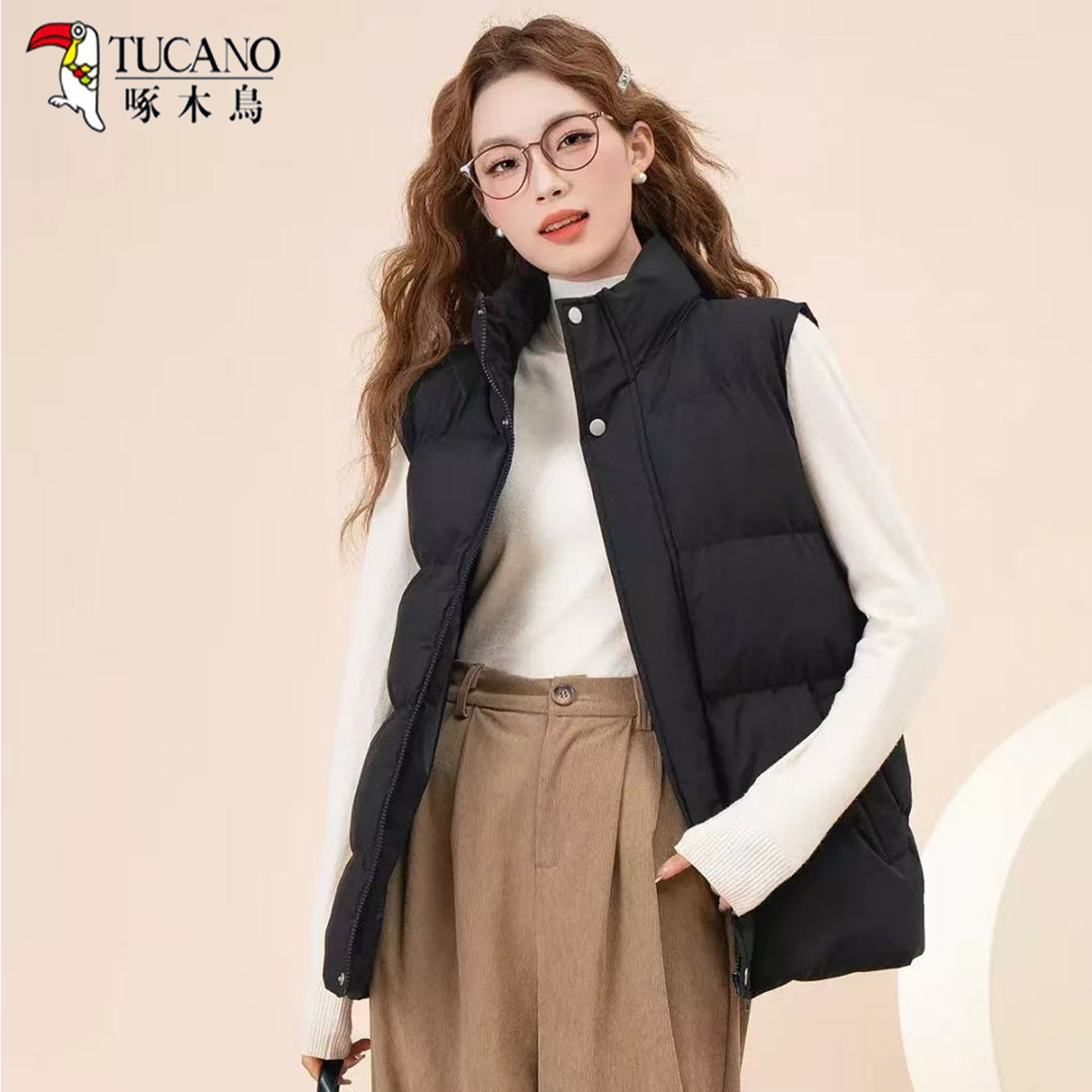 TUCANO啄木鸟羽绒棉宽松马甲女短款立领拉链保暖背心外套时尚百搭 - 图1