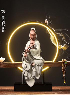 自在观音菩萨家用供奉观音佛像坐像玄关中式摆件禅意灯办公室高档