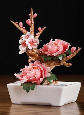花开富贵陶瓷手工仿真牡丹花盆栽小摆件家居客厅装饰博古架工艺品