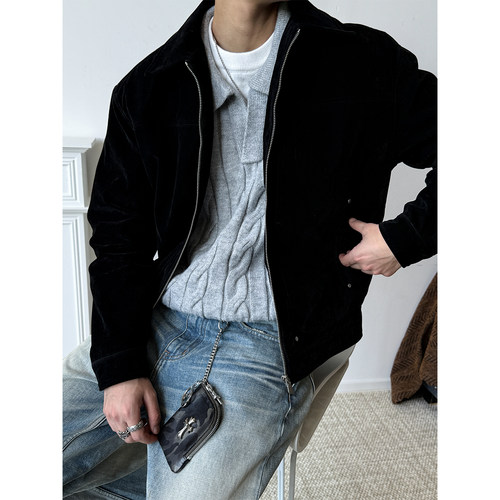 MANCHER 黑棕配色巴恩风麂皮绒夹克男boxy短款正肩版型老钱风外套 - 图0