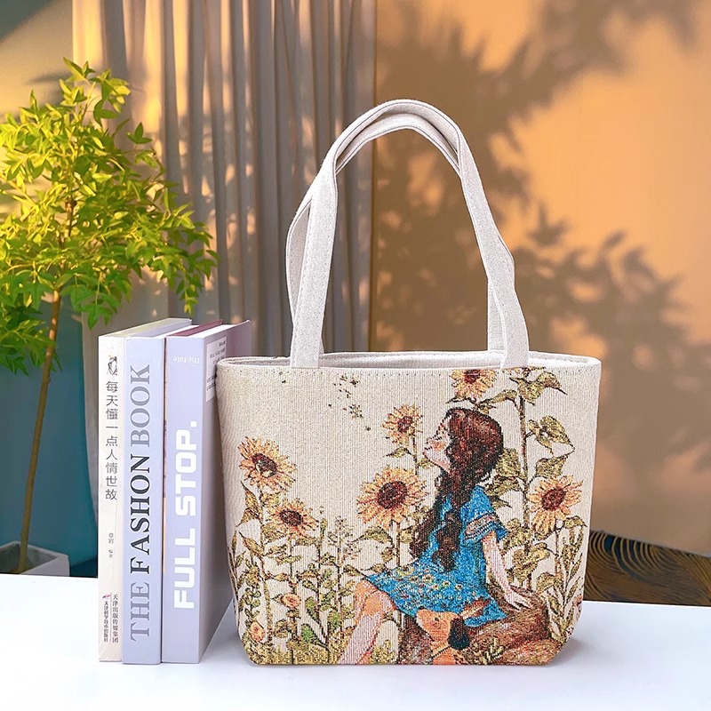 双面金丝刺绣新款手提帆布包时尚百搭款刺绣带拉链手拎外出小拎包 - 图3