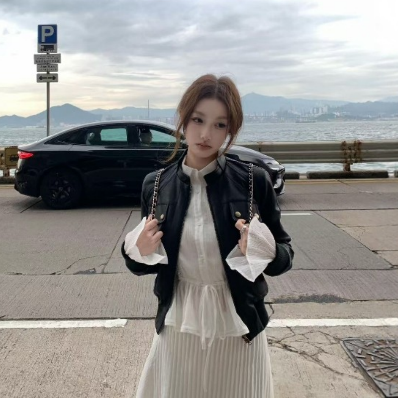 高级感时尚皮衣外套温柔气质白色衬衫女春季小众休闲半身裙三件套,淘宝优惠券,粉丝福利购,淘宝优惠卷