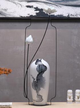 现代轻奢新中式铁架水墨罐创意摆件陶瓷禅意摆设客厅玄关软装饰品
