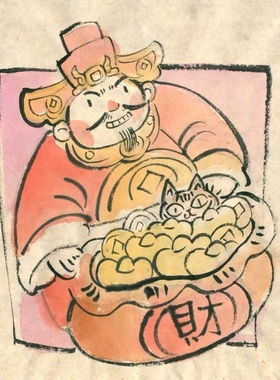 原创插画手稿原件财喵双全系列国风小品萌趣猫猫财神画