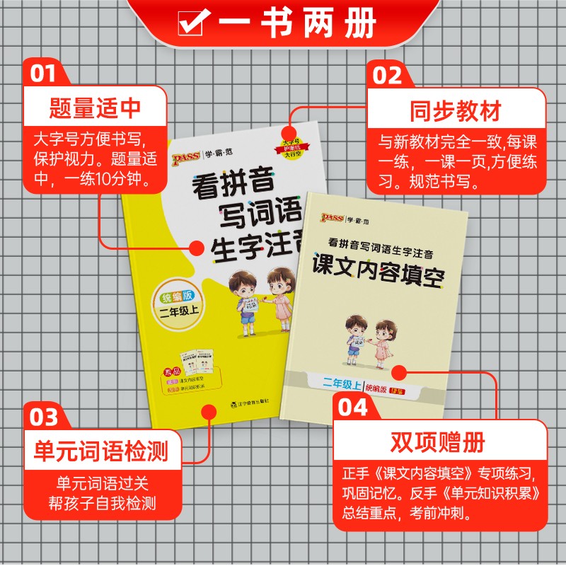 学霸范小学语文二年级上册看拼音写词语生字注音同步训练人教版2年级下册默写能手天天练拼读专项训练练习册PASS绿卡图书