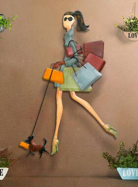 复古铁艺女JCE郎饰壁挂件创女孩人偶壁模型意服装店墙面装饰画工