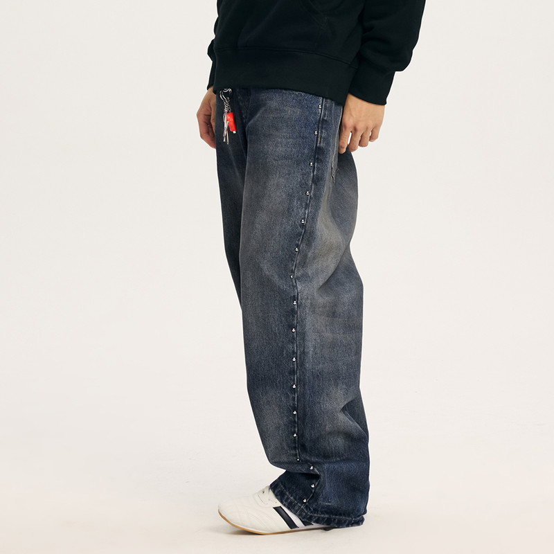 ecko红犀牛  水洗做旧直筒铆钉牛仔裤男2025秋季新款美式复古长裤,淘宝优惠券,粉丝福利购,淘宝优惠卷