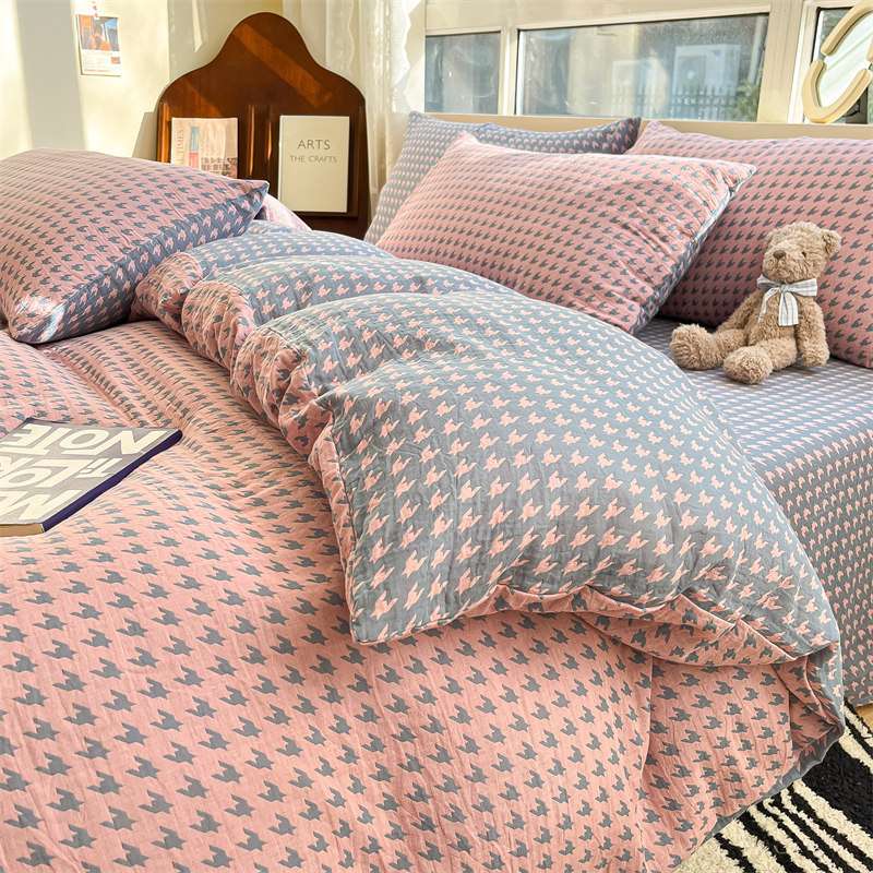 母婴级A类提花色织双层纱四件套柔软透气床单被套纯棉全棉床笠4件 - 图0