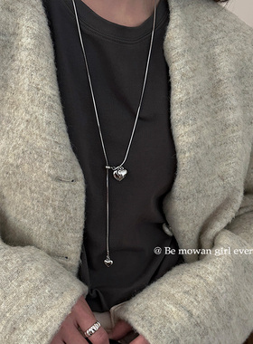 韩系银色爱心抽拉流苏毛衣链简约