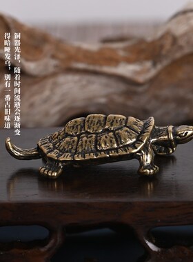 速发实心手铜天干地工长寿龟桌面摆件茶几茶宠黄把件古玩小铜器支