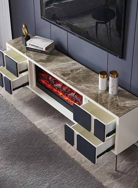 1.8米实木轻奢壁炉电视柜现代美式客厅岩板仿真火取暖壁炉装饰柜