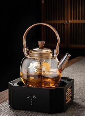 围炉煮茶玻璃茶壶高硼硅玻璃蒸煮两用茶壶电陶炉煮茶壶木把泡茶壶